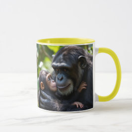 Un bébé chimpanzé câline sa maman dans la jungle. マグカップ