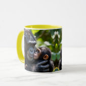 Un bébé chimpanzé câline sa maman dans la jungle. マグカップ (正面左)