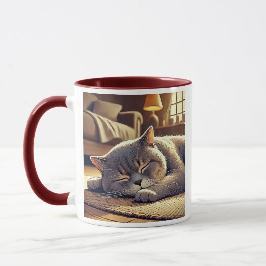 Un chat gris endormi dans un salon cosy. マグカップ (左)