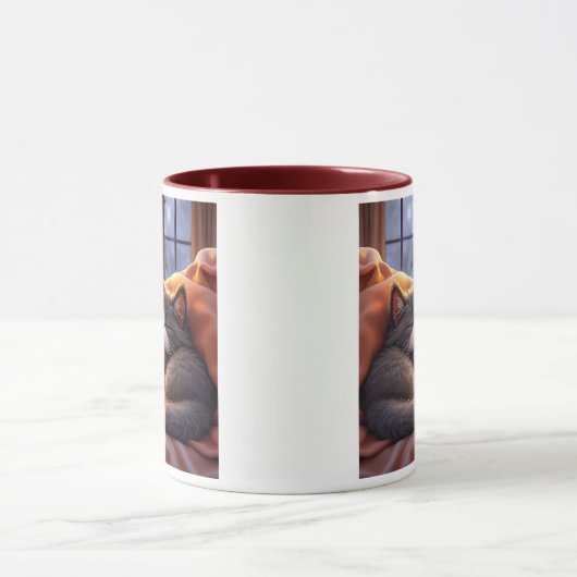 Un chat gris qui dort près du feu. マグカップ (中央)