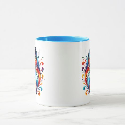 Un chat stylisée aux couleurs chaudes. マグカップ (中央)