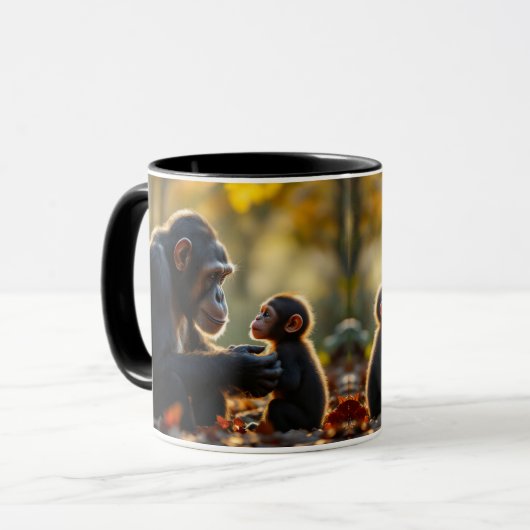 Un chimpanzé regarde avec amour son bébé. マグカップ (正面左)