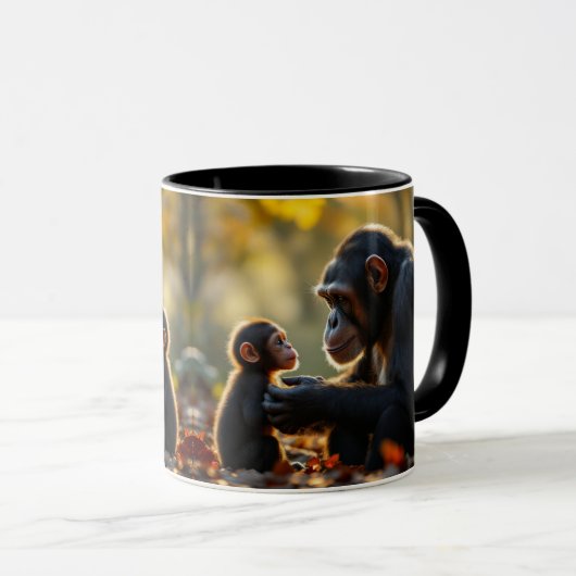 Un chimpanzé regarde avec amour son bébé. マグカップ (正面右)