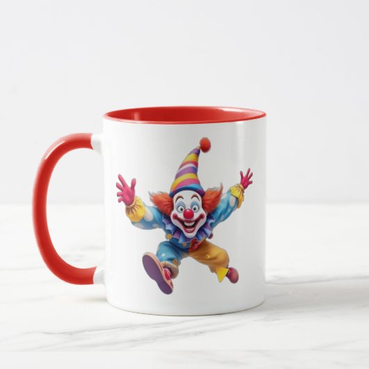 Un clown rigolo saute en l'air en rigolant. マグカップ (左)