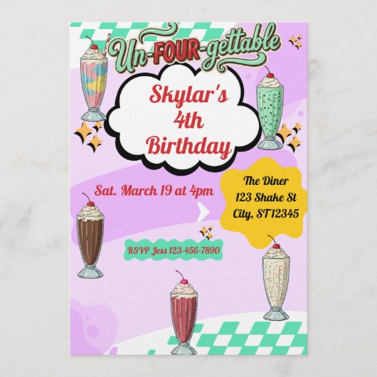 Un-Four-Gettable, Milkshake Retro 4th Birthday 招待状 (正面)
