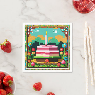 Un gâteau d'anniversaire en pixel art スタンダードカクテルナプキン
