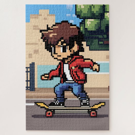 Un jeune faisant du skateboard en pixel art ジグソーパズル (縦)