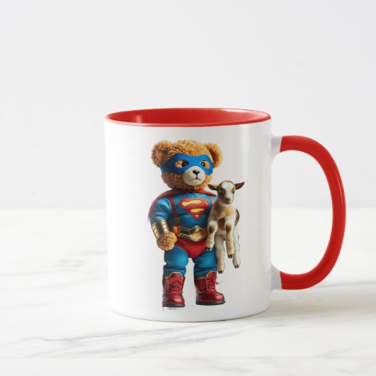 Un ours super-héros tenant un chevreau. マグカップ (右)
