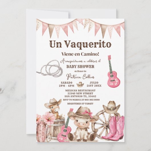 Un Vaquerito Viene en Camino Girl Baby Shower 招待状 (正面)