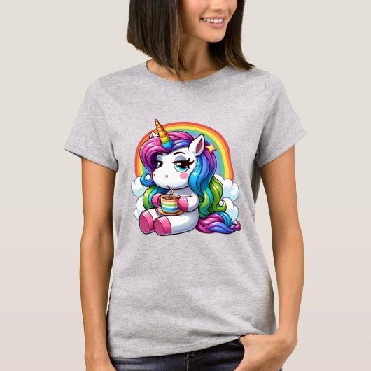 Unbothered Unicorn Sipping Coffee Under a Rainbow Tシャツ (正面)