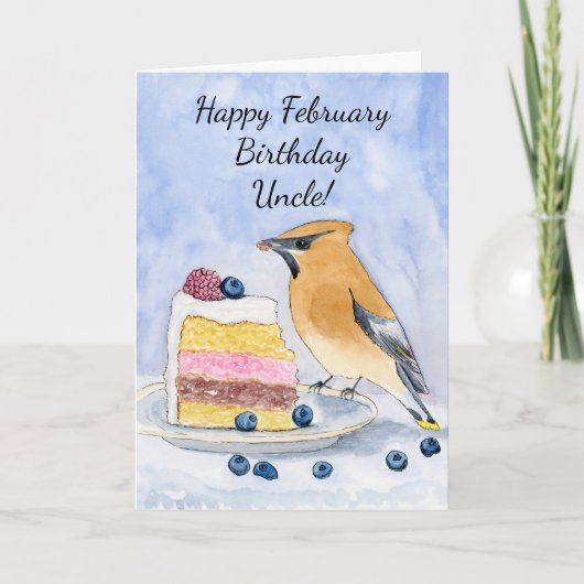 Uncle Happy February Birthday Cedar Waxwing Cake カード (正面)