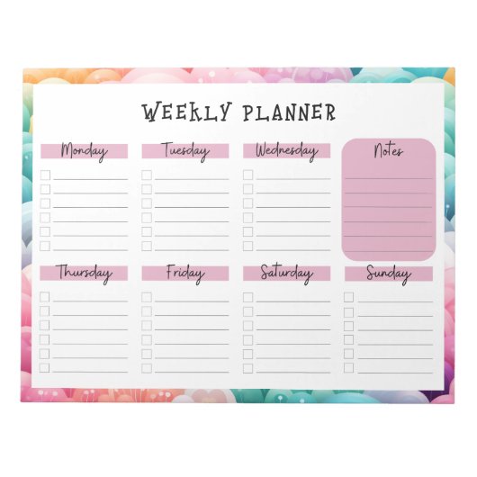 Undated Weekly Planner, Rainbow Cloud Border Notep ノートパッド (正面)