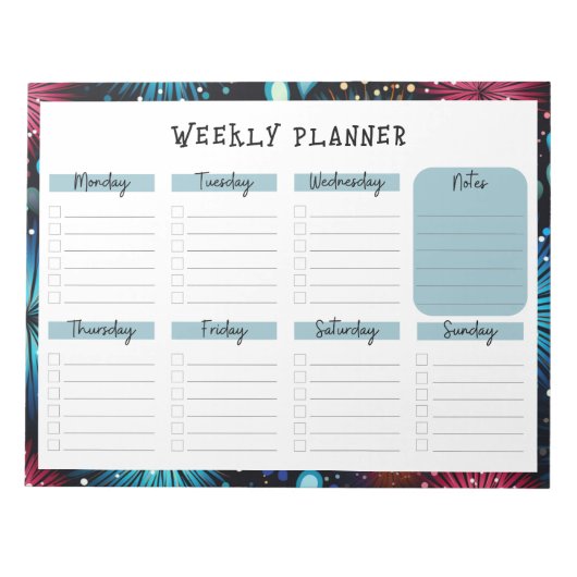 Undated Weekly Planner with Fireworks Border ノートパッド (正面)