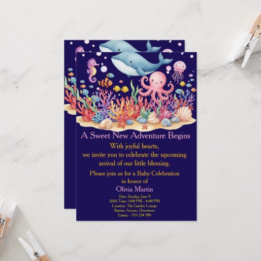 Under Sea Whale Baby Shower Custom Invitation 招待状 (正面/裏面インサイチュ)