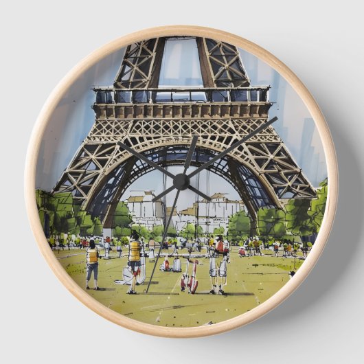  Under the Eiffel Tower – Hand-Drawn Sketch Art 壁時計 (正面)