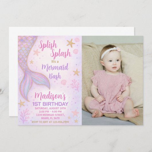 Under the Seaパーティー招待状for Girls with photo 招待状 (正面/裏面)