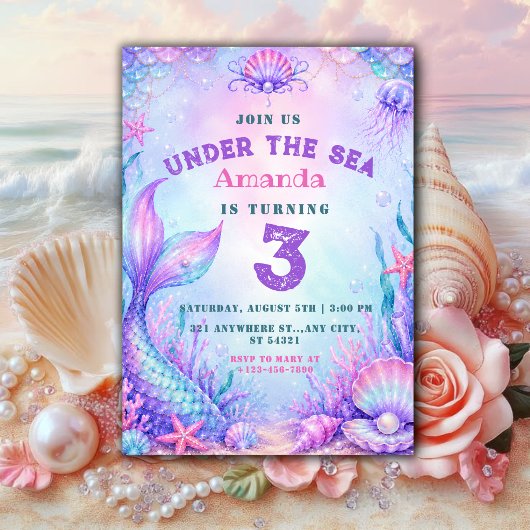 Under the Sea | パステル 人魚 3歳の誕生日 招待状