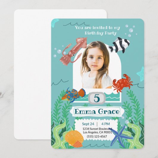 Under the Sea 5th Birthday Invitation with Photo  招待状 (正面/裏面)