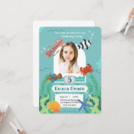 Under the Sea 5th Birthday Invitation with Photo  招待状 (正面/裏面インサイチュ)