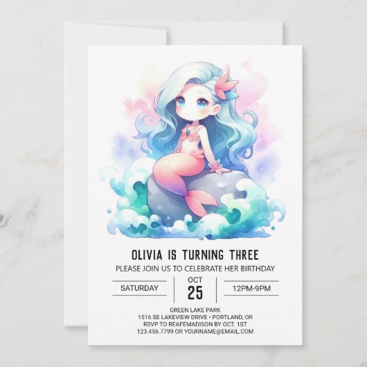 Under the Sea Adorable Mermaid Birthday 招待状 (正面)
