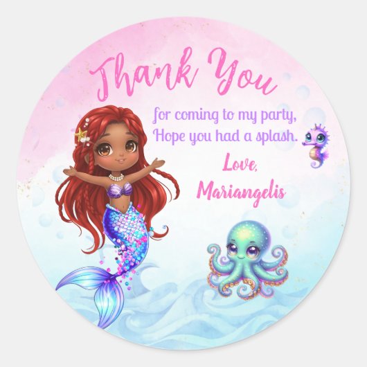 Under the sea - Afro Mermaid Birthday ラウンドシール (正面)