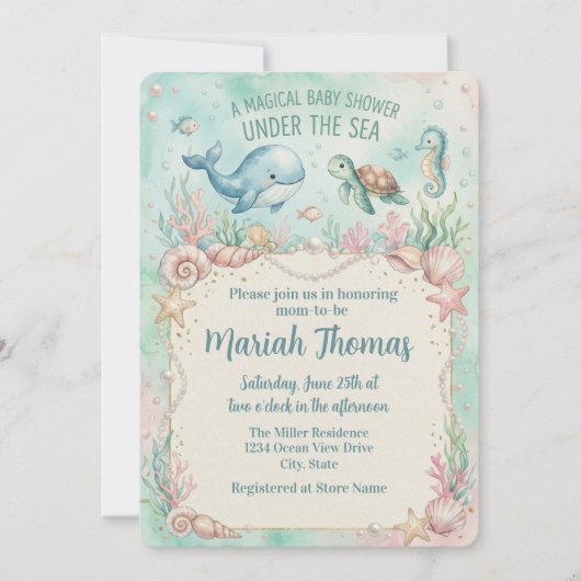 Under the Sea Animals Aquamarine Baby Shower 招待状 (正面)