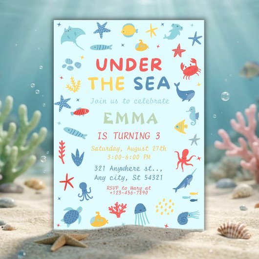 Under the Sea Animals Ocean Birthday party 招待状