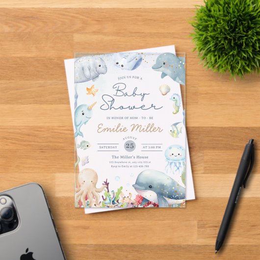 Under the Sea Baby Shower Ocean Animals Neutral アクリル招待状 (インサイチュ (招待状))