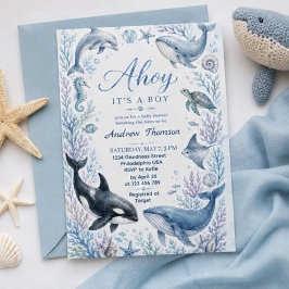 Under the Sea Baby Shower Watercolor Ocean Boy 招待状