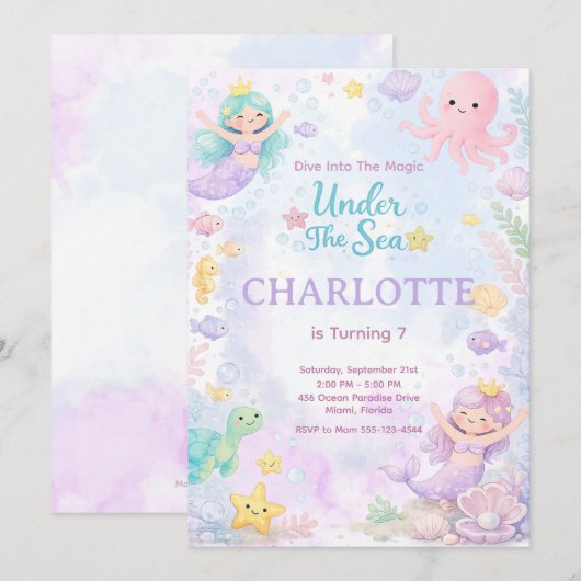 Under The Sea Birthday Invitation Editable 招待状 (正面/裏面)
