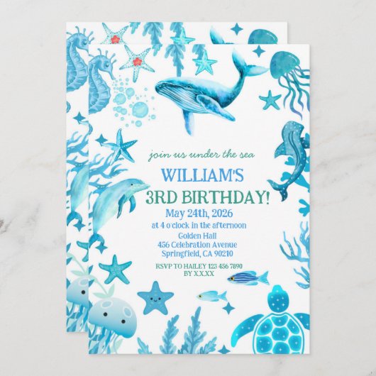 Under the Sea birthday invitation, ocean boy  招待状 (正面/裏面)