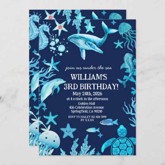 Under the Sea birthday invitation, ocean boy 招待状 (正面/裏面)