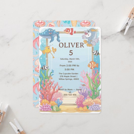 Under the Sea Birthday Invitation, Oliver 4th  招待状 (正面/裏面インサイチュ)