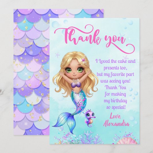 Under the sea Birthday - Mermaid Thank you card サンキューカード (正面/裏面)