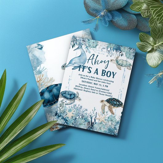 Under the Sea Blue Ahoy It's a Boy Baby Shower 招待状