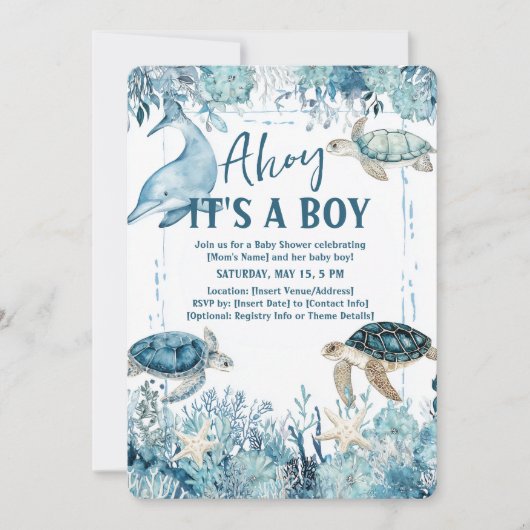 Under the Sea Blue Ahoy It's a Boy Baby Shower 招待状 (正面)