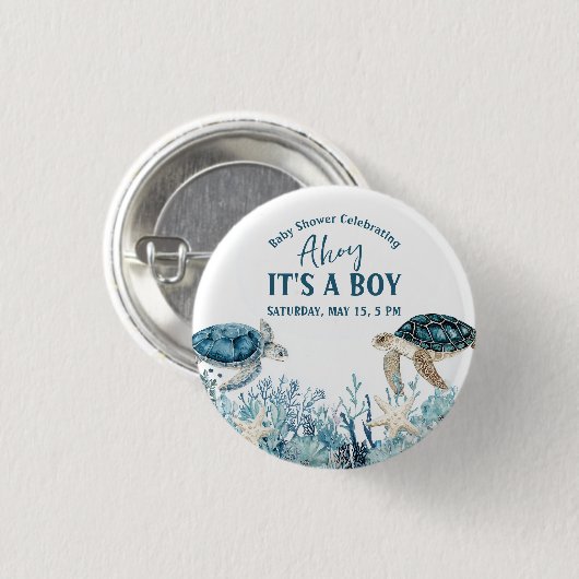 Under the Sea Blue Ahoy It's a Boy Baby Shower 缶バッジ (正面&裏面)