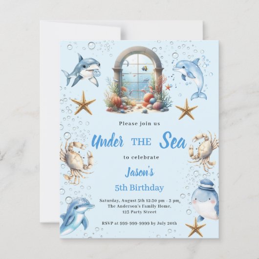 Under the sea blue animals boy Birthday invitation (正面)