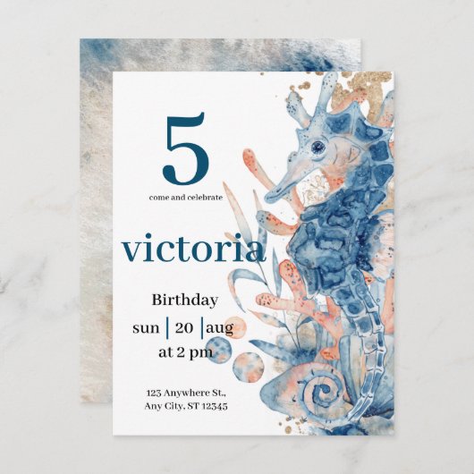 Under the sea Blue Beach Whale babyShower 招待状 (正面/裏面)