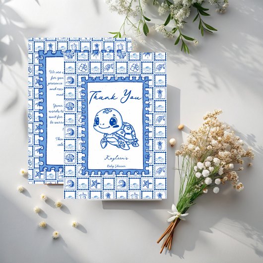 Under the sea blue cute turtle baby shower サンキューカード