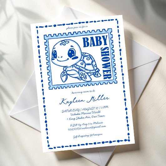 Under the sea blue cute turtle baby shower 招待状