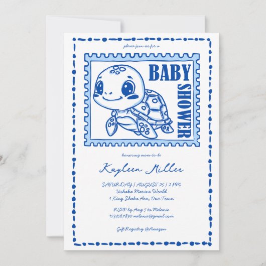 Under the sea blue cute turtle baby shower 招待状 (正面)