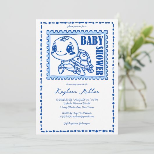 Under the sea blue cute turtle baby shower 招待状 (スタンド正面)