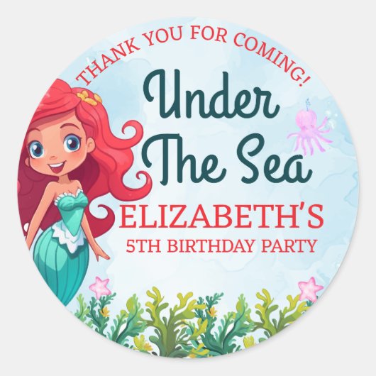 Under the sea Cute Mermaid Birthday Girl ラウンドシール (正面)
