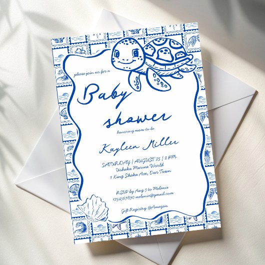 Under the sea cute turtle blue baby shower 招待状