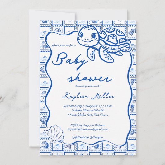 Under the sea cute turtle blue baby shower 招待状 (正面)