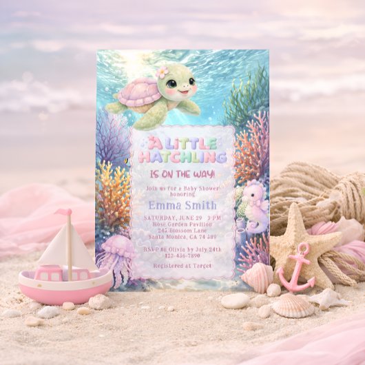 Under the Sea Cute Turtle Girl Baby Shower 招待状