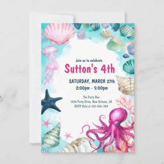 Under the Sea Girl Kid Birthday Party 招待状 (正面)