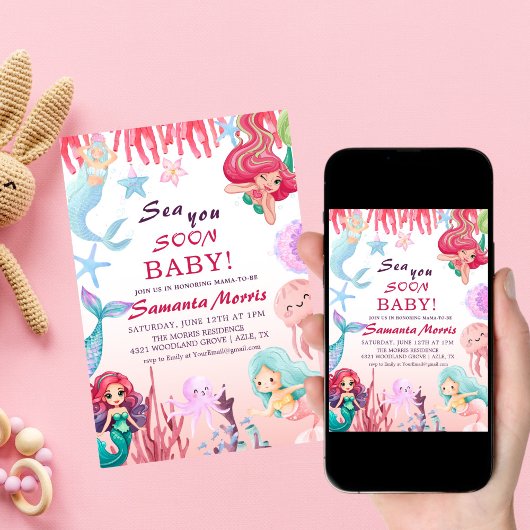 Under the Sea Girls,Cute Mermaid Sea baby shower 招待状