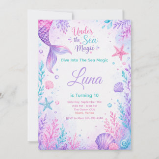 Under the Sea Magic Watercolor Mermaid Birthday 招待状